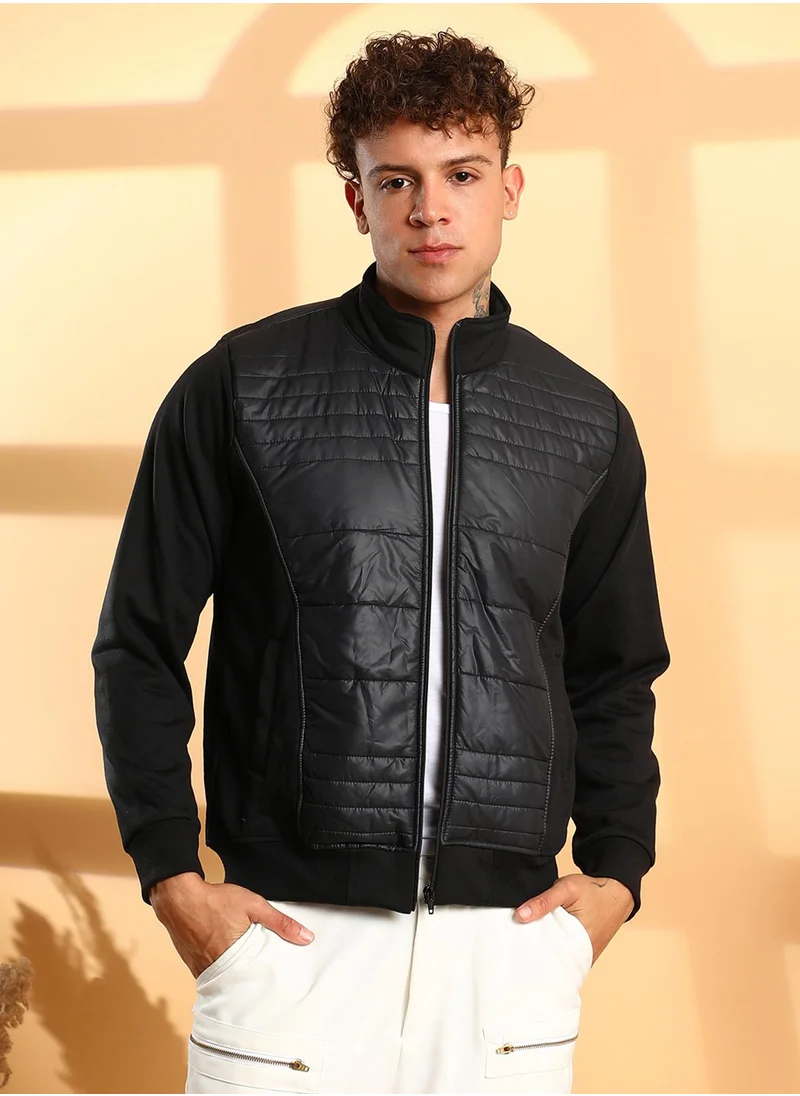 Campus Sutra Men's Black Zip-Front Jacket With Quilted Detail
