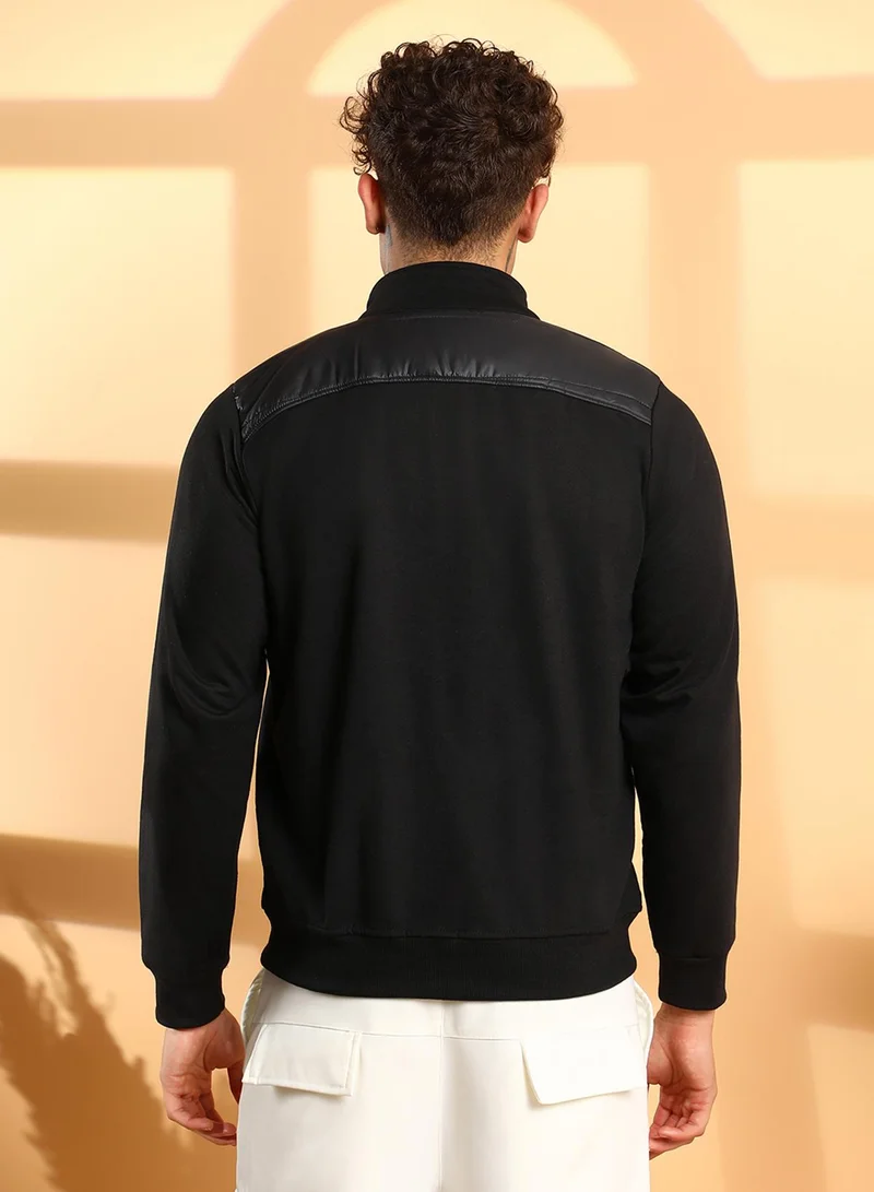 Campus Sutra Men's Black Zip-Front Jacket With Quilted Detail