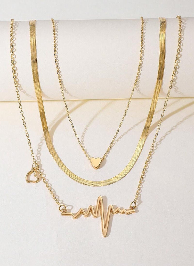 طقم عقد بطبقات مكون من 3 قطع بتصميم قلب وموجة للنساء ذهبي - Image 1