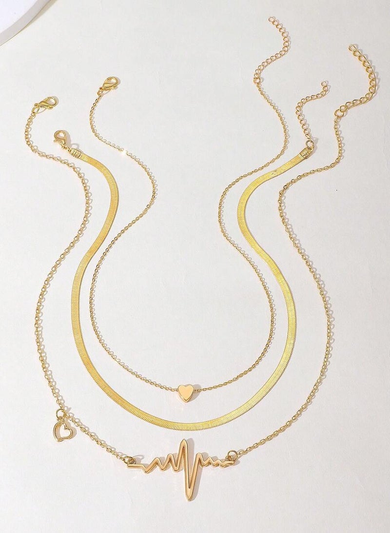 طقم عقد بطبقات مكون من 3 قطع بتصميم قلب وموجة للنساء ذهبي - Image 2