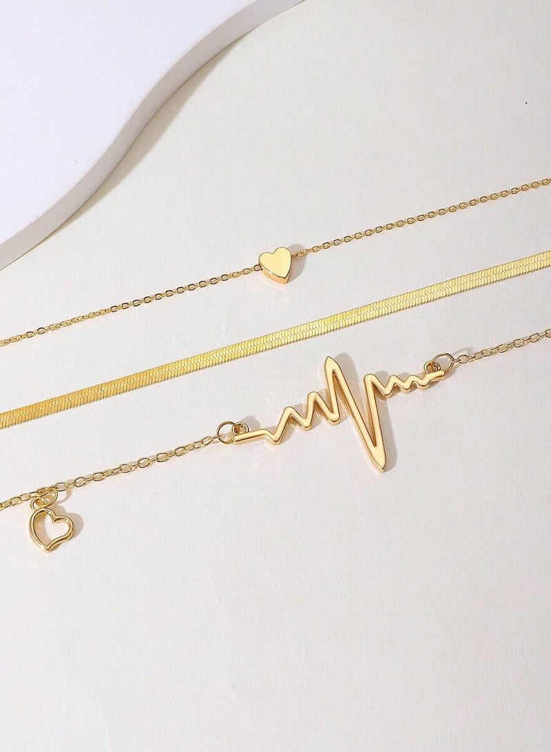 طقم عقد بطبقات مكون من 3 قطع بتصميم قلب وموجة للنساء ذهبي - Image 3