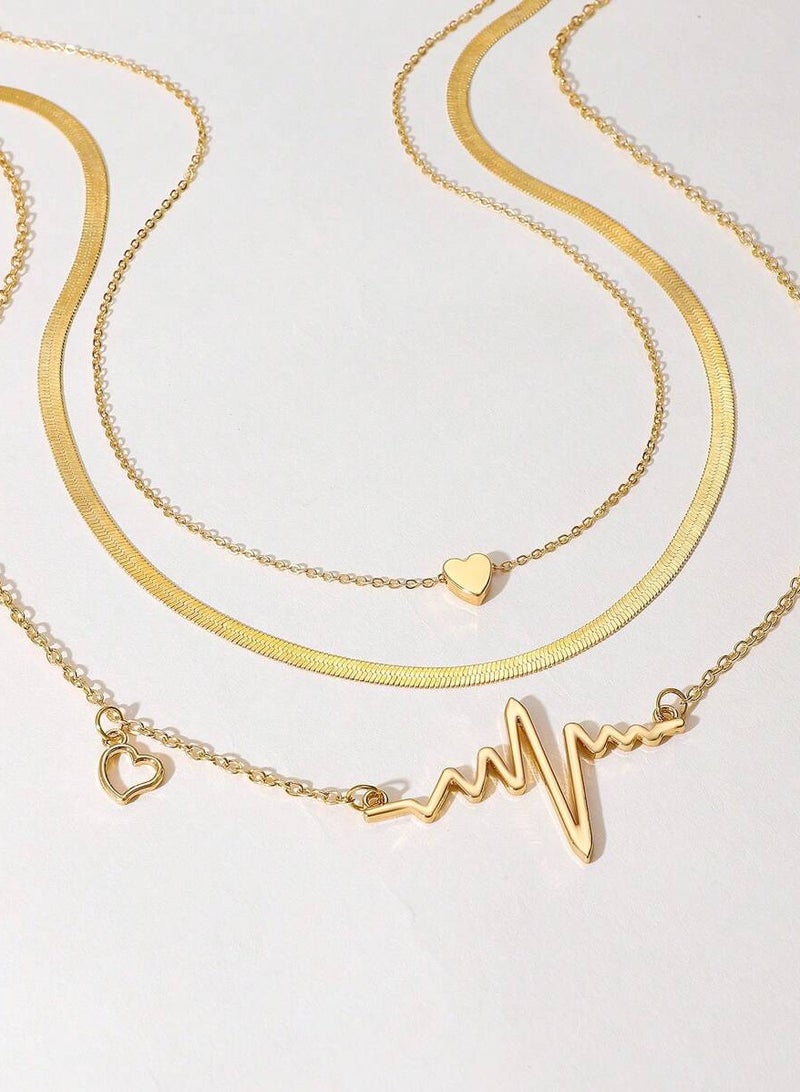 طقم عقد بطبقات مكون من 3 قطع بتصميم قلب وموجة للنساء ذهبي - Image 4
