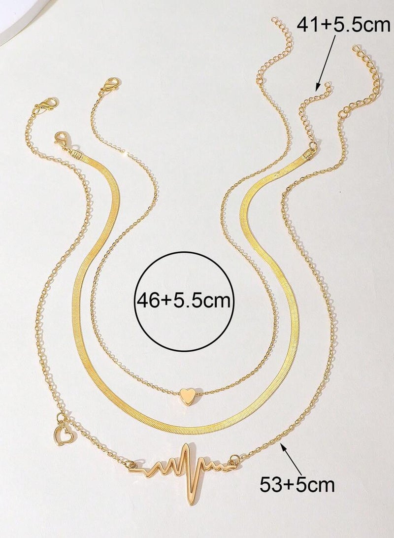 طقم عقد بطبقات مكون من 3 قطع بتصميم قلب وموجة للنساء ذهبي - Image 5