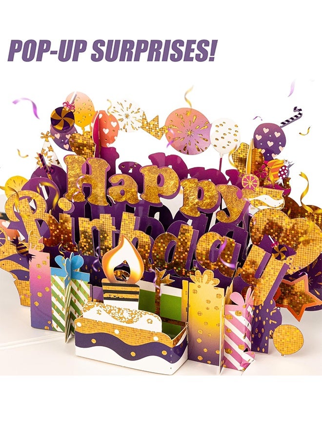 Happy Birthday Pop Up Cake Card, Sweet 3D Birthday Cards with Envelopes - Unique Handmade Celebration Cards for Women, Men, Mom, Dad, Grandma, Daughter, Son, Friend（purple gold） - Image 3