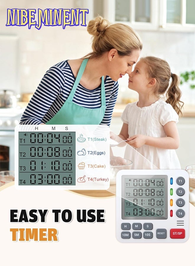 NIBEMINENT Digital Kitchen Timer - 4 Channel Cooking Timer with Alarm, Magnetic Back, Loud & Silent Modes, Count Up/Down, Ideal for ovens, Seniors, Kids and classrooms, AAA Battery Included - Image 3