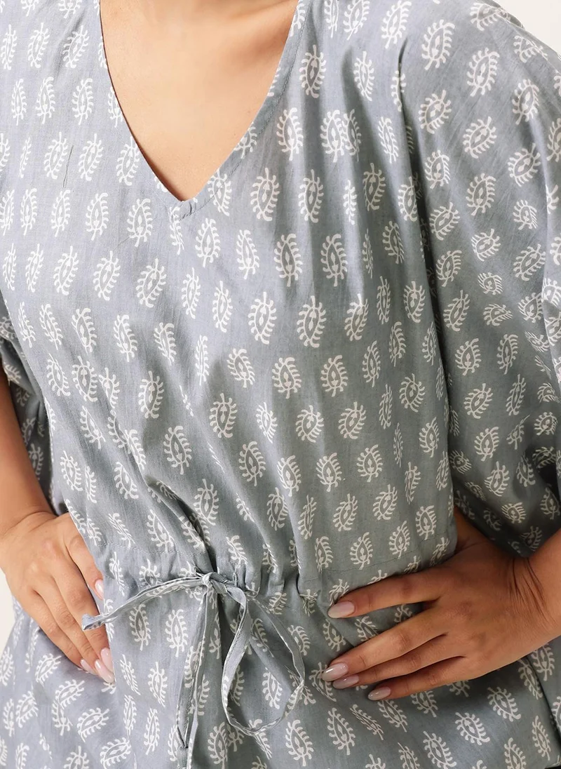 كلوفيا Clovia Print Me Pretty Kaftan Top & Pyjama Set in Light Grey - 100% Cotton