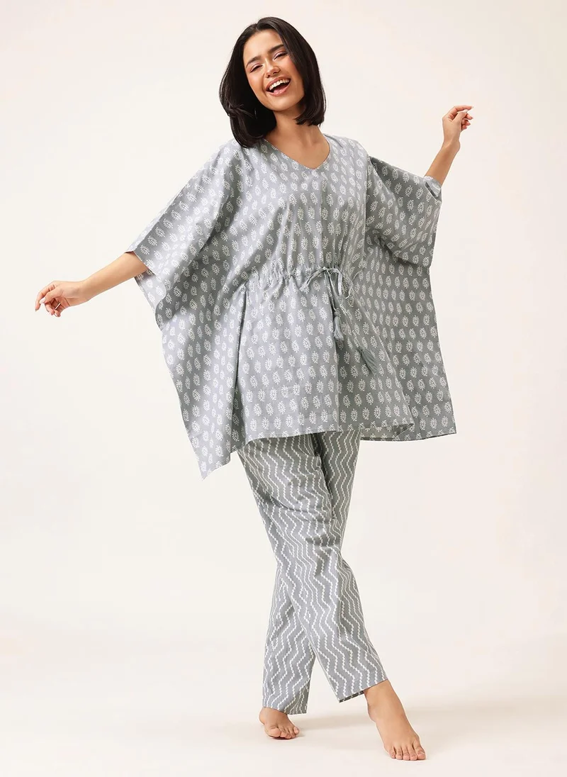 Clovia Grey Clovia Print Me Pretty Kaftan Top & Pyjama Set in Light Grey - 100% Cotton for Women | Best Price UAE