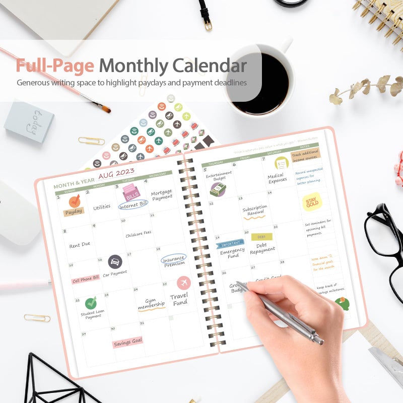 VALOME Budget Planner - Monthly Budget Book with Expense Tracker Notebook, A5(6.1" x 8.5") Financial Planner & Account Book to Take Control of Your Money, Bill Organizer With Pockets and Stickers - Pink - Image 3