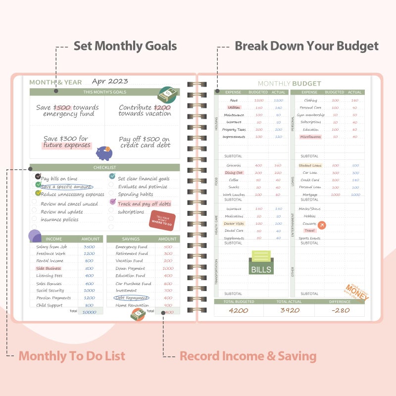 VALOME Budget Planner - Monthly Budget Book with Expense Tracker Notebook, A5(6.1" x 8.5") Financial Planner & Account Book to Take Control of Your Money, Bill Organizer With Pockets and Stickers - Pink - Image 4