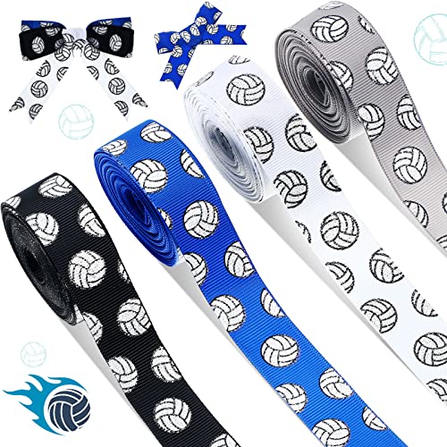 MTLEE 4 Rolls Volleyball Ribbons Volleyball Decorations Glitter Grosgrain Ribbons 20 Yards 7/8-inch for Cheer Gift Wrapping Making Hair Bows Sports Theme Party Decor(Black, White, Blue, Gray) - Image 1