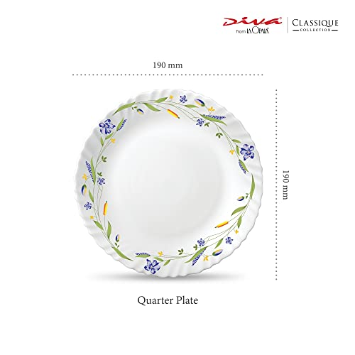 La Opala Diva Classique Collection Opal Glass Crockery | Quarter Plate Set of 6 | Morning Glory Design | for Snacking & Gifting | Microwave Safe | 100% Vegetarian | Extra Strong | Light & White - Image 2
