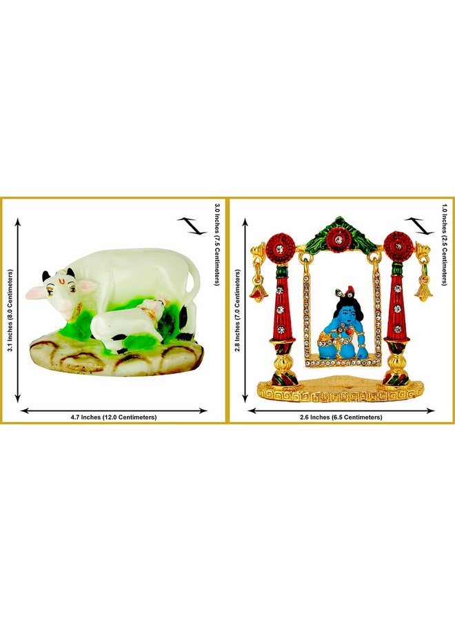 LE Kamdhenu Cow with Calf (Resin) and Krishna (Laddu Gopal) on Swing Idol (Metal) Religious Idol-Statue for Vastu Gift and Car (White, Multicolor) - Image 4
