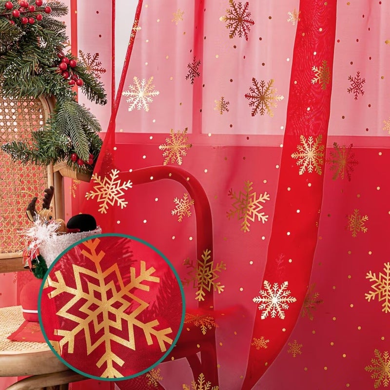 Karseteli Christmas Sheer Curtains for Living Room  Luxury Snowflake Gold Foil Print Sheer Curtains  Rod Pocket Window Drapes Decorations for Bedroom and Home Decor  2 Panels Red 42W x 84L - Image 3