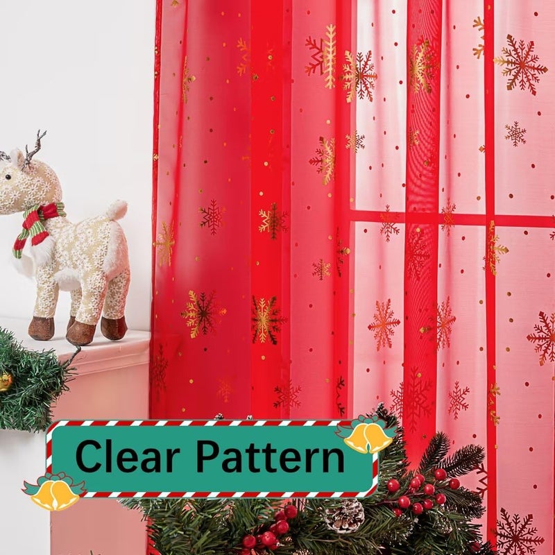Karseteli Christmas Sheer Curtains for Living Room  Luxury Snowflake Gold Foil Print Sheer Curtains  Rod Pocket Window Drapes Decorations for Bedroom and Home Decor  2 Panels Red 42W x 84L - Image 5