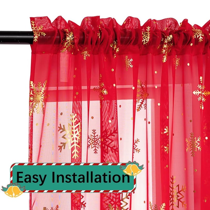 Karseteli Christmas Sheer Curtains for Living Room  Luxury Snowflake Gold Foil Print Sheer Curtains  Rod Pocket Window Drapes Decorations for Bedroom and Home Decor  2 Panels Red 42W x 84L - Image 4