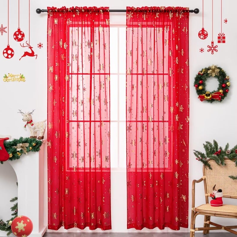 Karseteli Christmas Sheer Curtains for Living Room  Luxury Snowflake Gold Foil Print Sheer Curtains  Rod Pocket Window Drapes Decorations for Bedroom and Home Decor  2 Panels Red 42W x 84L - Image 1