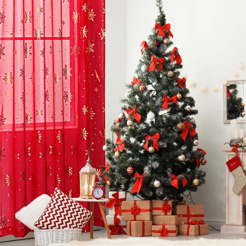 Karseteli Christmas Sheer Curtains for Living Room  Luxury Snowflake Gold Foil Print Sheer Curtains  Rod Pocket Window Drapes Decorations for Bedroom and Home Decor  2 Panels Red 42W x 84L - Image 2