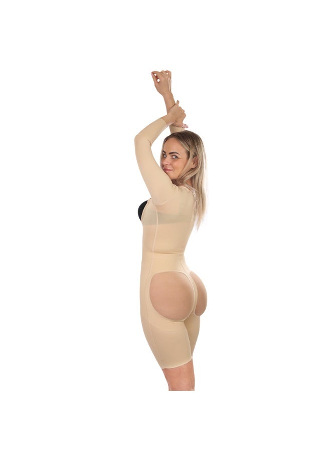 Sedra Shapely Women's full-body shaper with long sleeves for body shaping, tummy control, and waist definition. High-compression body shaper with front snaps and an open design to lift the buttocks. Suitable for postpartum and under clothing,Beige. - Image 2
