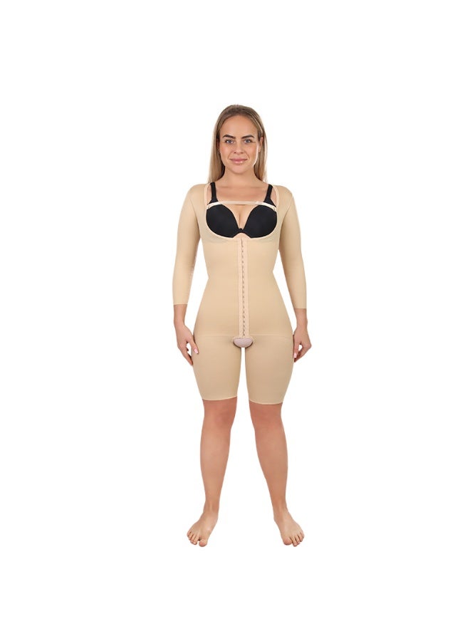 Sedra Shapely Women's full-body shaper with long sleeves for body shaping, tummy control, and waist definition. High-compression body shaper with front snaps and an open design to lift the buttocks. Suitable for postpartum and under clothing,Beige. - Image 4