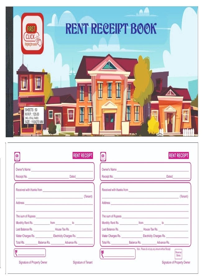 First Click Rent Receipt Book Rent Bill Book Set of 2 Size : Rent (11x27 cm) No. of Sheets : 50 (Rent) Consist of one Main and one Counter foil, Special Space for Address Writing. - Image 3