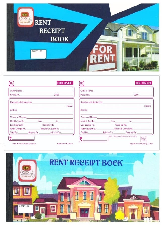 First Click Rent Receipt Book Rent Bill Book Set of 2 Size : Rent (11x27 cm) No. of Sheets : 50 (Rent) Consist of one Main and one Counter foil, Special Space for Address Writing. - Image 1