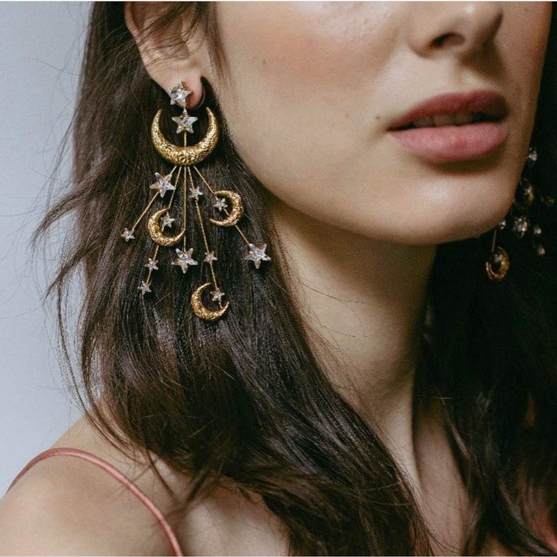ACC PLANET - Star Moon Earrings Made Crystal Gold Plated Crescent Moon Stars Drop Dangle Earrings Chunky Statement Star Earrings for Women Trendy Jewelry Gift - Image 2