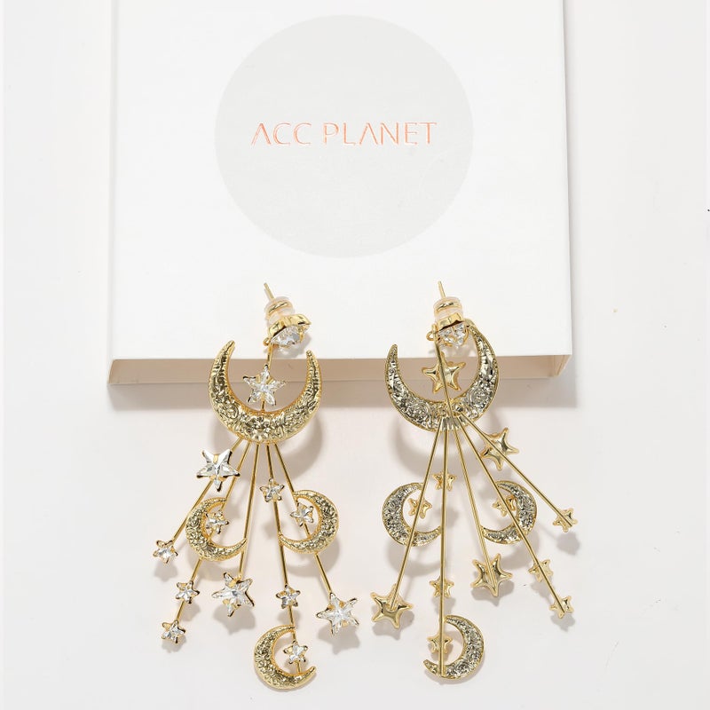ACC PLANET - Star Moon Earrings Made Crystal Gold Plated Crescent Moon Stars Drop Dangle Earrings Chunky Statement Star Earrings for Women Trendy Jewelry Gift - Image 5