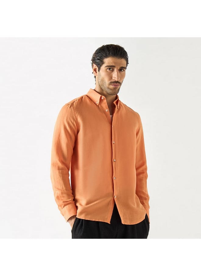 Iconic Iconic Solid Linen Blend Shirt with Button-Down Collar and Long Sleeves  - Image 1
