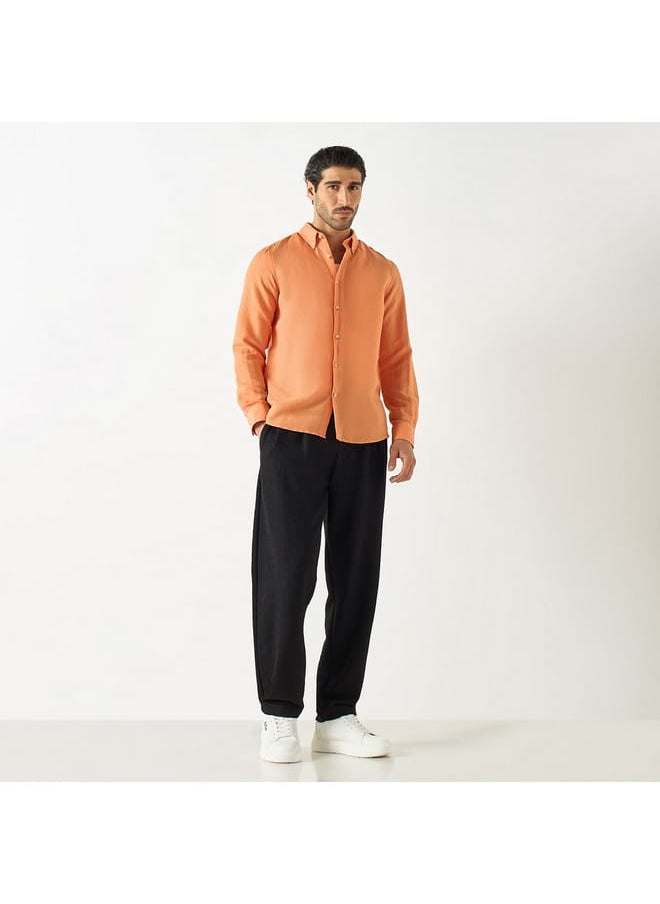 Iconic Iconic Solid Linen Blend Shirt with Button-Down Collar and Long Sleeves  - Image 2