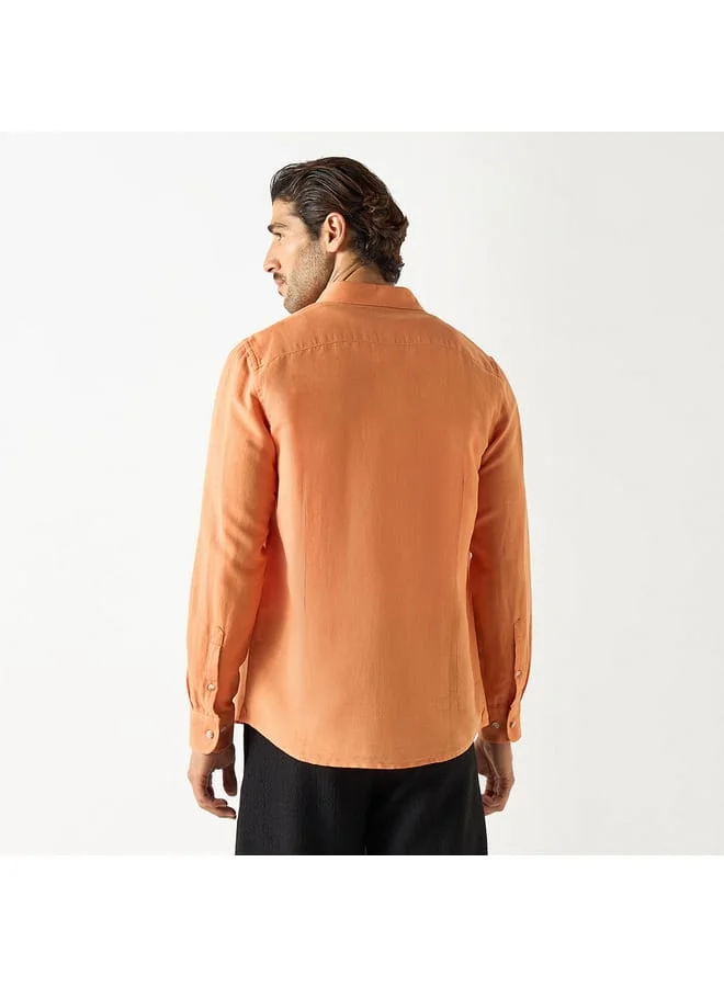 Iconic Iconic Solid Linen Blend Shirt with Button-Down Collar and Long Sleeves
