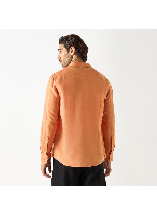 Iconic Iconic Solid Linen Blend Shirt with Button-Down Collar and Long Sleeves  - Image 3