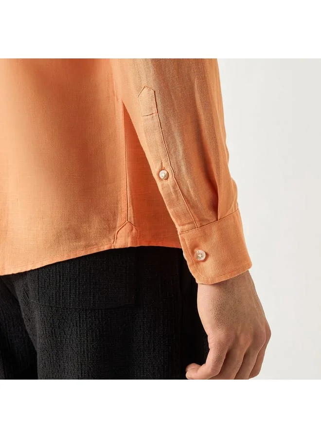 Iconic Iconic Solid Linen Blend Shirt with Button-Down Collar and Long Sleeves