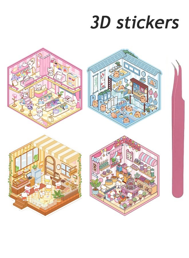 DIY 3D Sticker Scene 4 Sets of Stickers for Girls Make Your Own Mini Room Scene Stickers for Kids Cute Kawaii Sticker Therapy for Adult Relief Stress Pass The Time - Image 1