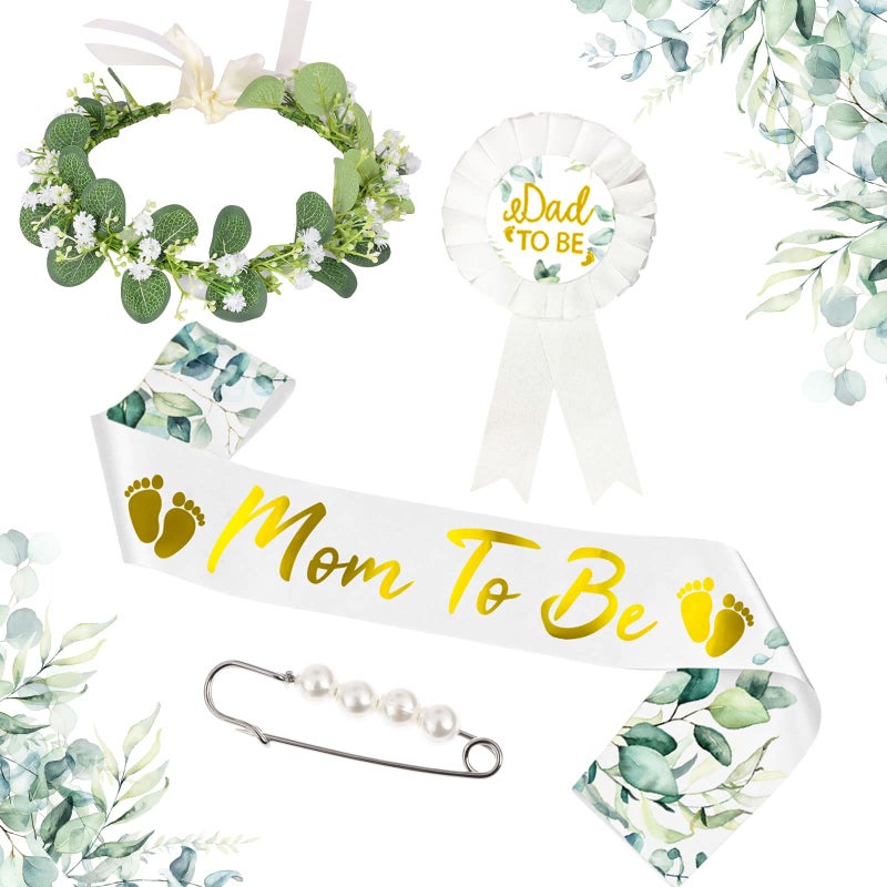 Yiphates 4PcsSet Baby Shower Decoration Baby Shower Sash Sage Green Baby Party Mom to Be Sash Daddy to Be Badge Pin Eucalyptus Leaves Floral Crown Kit with Pearl Brooch Pin for Maternity Gift Favour