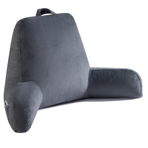 OAISZ Reading Pillow for Sitting in Bed Adult, X-Large Reading Pillow with Shredded Memory Foam, Back Pillow for Sitting Up with Extend Arms, Pockets, Bed Pillow with Washable Cover, Grey - Image 1