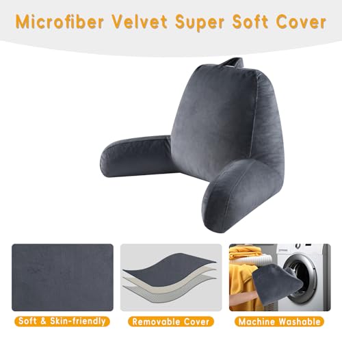 OAISZ Reading Pillow for Sitting in Bed Adult, X-Large Reading Pillow with Shredded Memory Foam, Back Pillow for Sitting Up with Extend Arms, Pockets, Bed Pillow with Washable Cover, Grey - Image 3