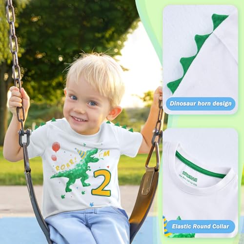 WAWSAM 2nd Birthday Boy Shirt Dinosaur Birthday T-Shirt 2 Year Old Toddler Dinosaur Outfit Cotton White Dino Party Shirt - Image 4