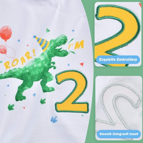 WAWSAM 2nd Birthday Boy Shirt Dinosaur Birthday T-Shirt 2 Year Old Toddler Dinosaur Outfit Cotton White Dino Party Shirt - Image 3