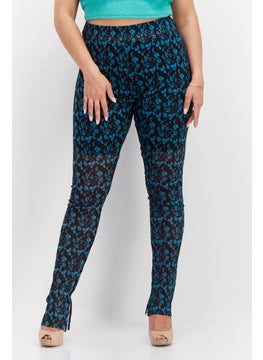 Women Floral Print Pull On Mesh Leggings, Teal Blue
