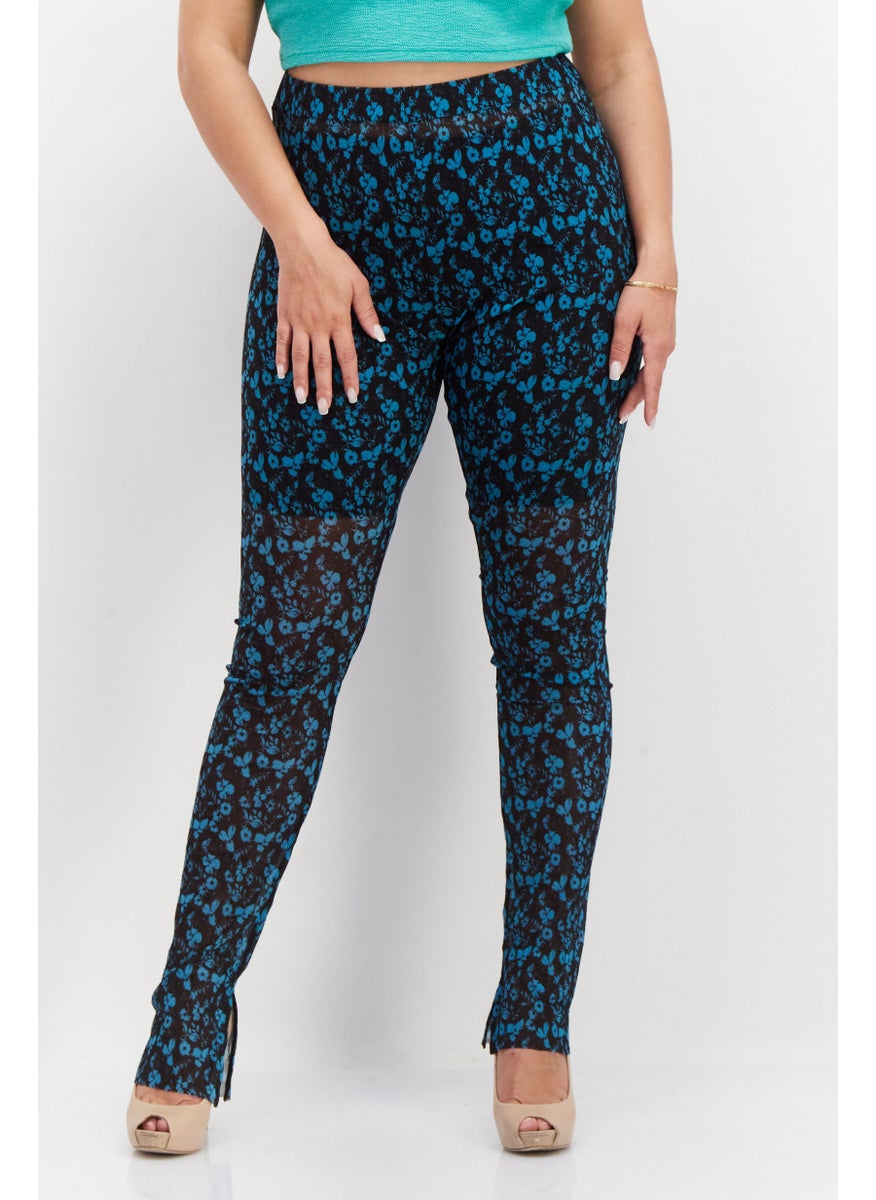 Stockholm Atelier by & Other Stories - Women Floral Print Pull On Mesh Leggings, Teal Blue - Image 1