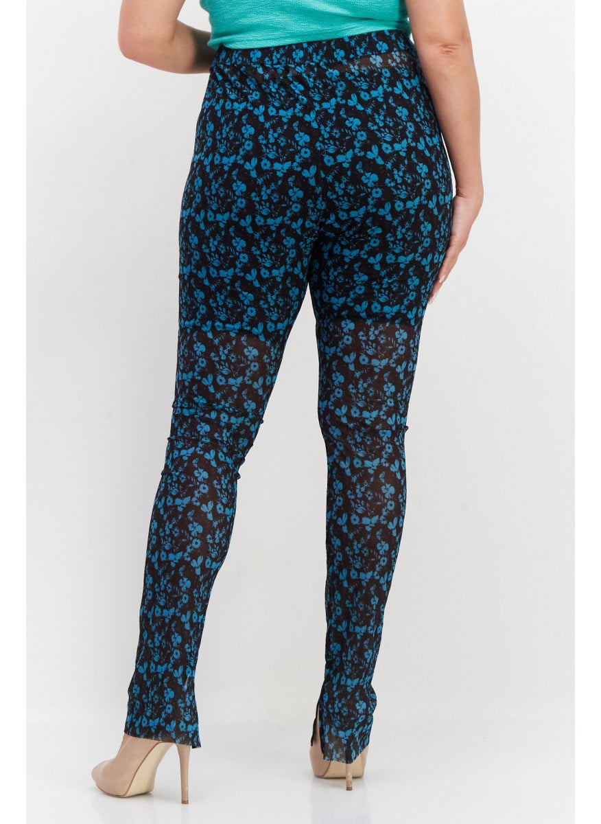 Stockholm Atelier by & Other Stories - Women Floral Print Pull On Mesh Leggings, Teal Blue - Image 1