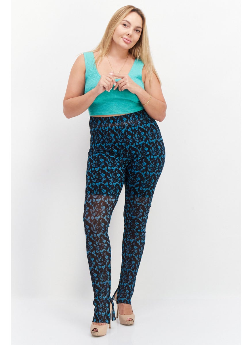 Stockholm Atelier by & Other Stories - Women Floral Print Pull On Mesh Leggings, Teal Blue - Image 1
