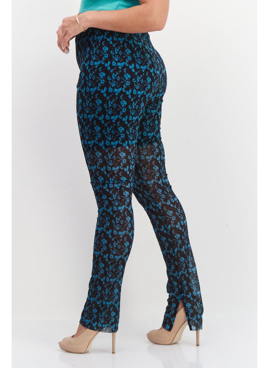 Stockholm Atelier by & Other Stories - Women Floral Print Pull On Mesh Leggings, Teal Blue - Image 1