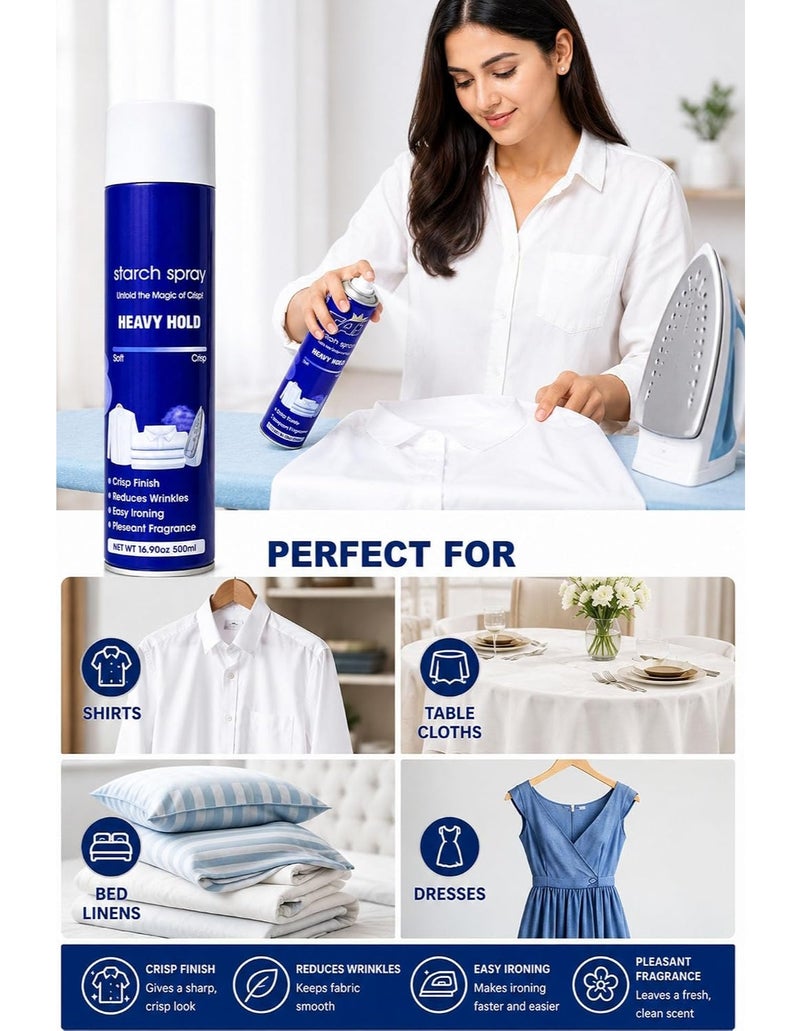 Taj Heavy Starch Spray 500ml – Professional Ironing Starch Easy Ironing & Long-Lasting Fabric Finish, Suitable for Shirts, Trousers, Uniforms & Cotton Fabrics - Image 3