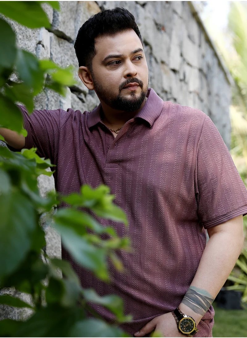 انستافاب بلس Instafab Plus Men's Grape Purple Texture-Lined Polo T-Shirt For Casual Wear | Polo Neck | Short Cuffed Sleeves | Half-Button Closure | Plus Size T-Shirt Crafted With Comfort Fit For Everyday Wear