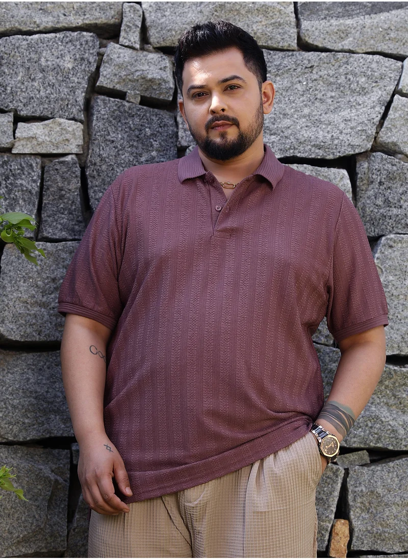 انستافاب بلس Instafab Plus Men's Grape Purple Texture-Lined Polo T-Shirt For Casual Wear | Polo Neck | Short Cuffed Sleeves | Half-Button Closure | Plus Size T-Shirt Crafted With Comfort Fit For Everyday Wear