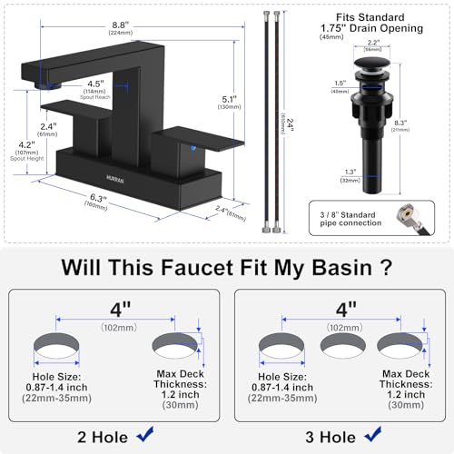 Hurran Matte Black Bathroom Sink Faucet, Hurran 4 inch Bathroom Faucets for Sink 3 Hole with Pop-up Drain and Supply Lines, Stainless Steel 2-Handle Faucet for Vanity RV Restroom, 2 Pack - Image 5