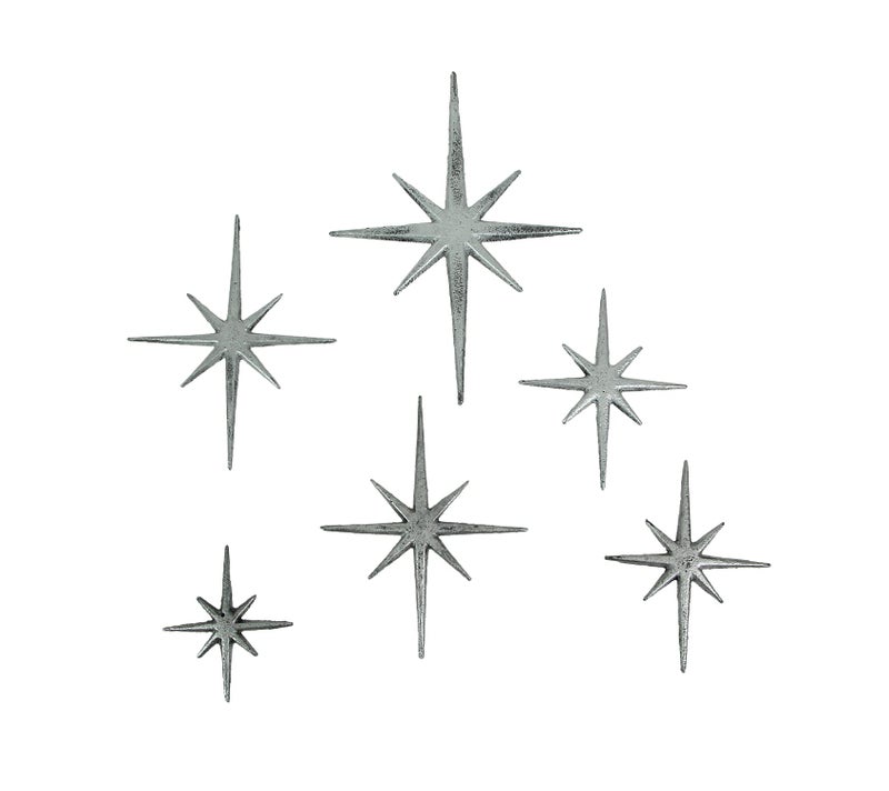 Zeckos Set of 6 Metallic Silver Cast Iron Starburst Wall Hangings  Mid Century Modern 8 Pointed Stars for Elegant MCM Decor Indoor and Outdoor Accent Pieces 