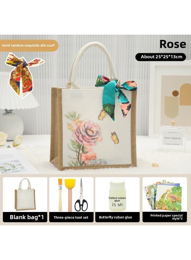 Thanksgiving Diy Handmade Butterfly Ancient Bart Canvas Tote Bag Sack Paste Group Building Parent-child Material Bag Warm-up Field-Color:LB-N13 Rose Material Contains Scissors Glue_vertical  - Image 1