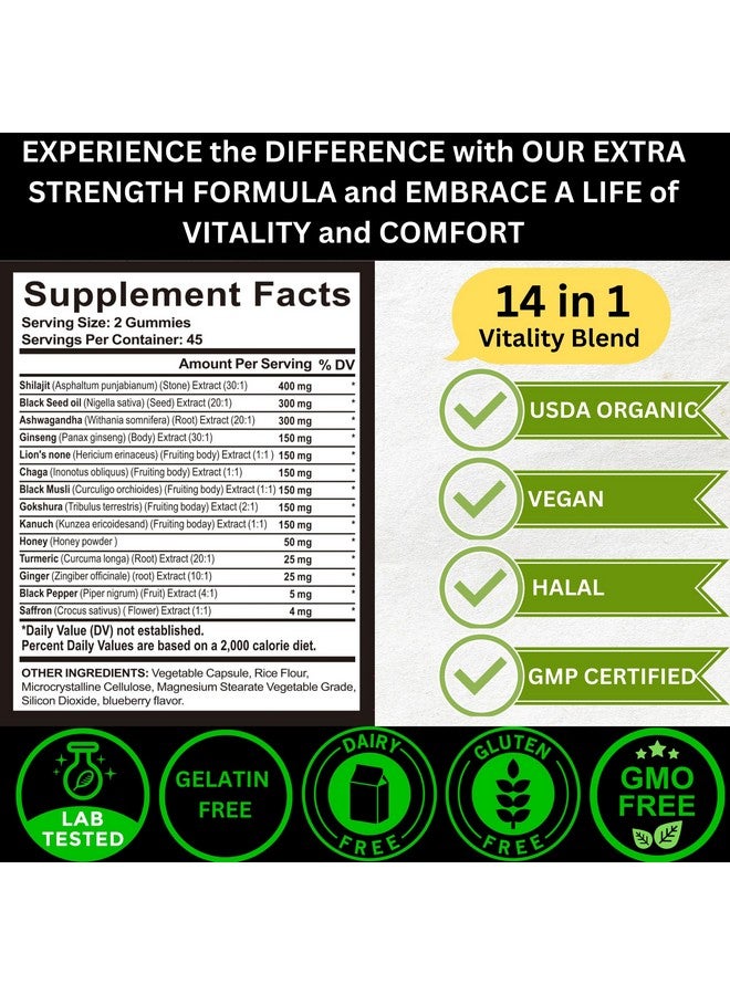 Organic Pure Himalayan Shilajit Gold Gummies for Men and Women, Black Seed Oil, Ashwagandha, Ginseng, Turmeric, Gokshura, Lion's None, Lab Tested,%75 Fulvic Acid, No Sugar Added, Halal, 90Gummy - Image 3